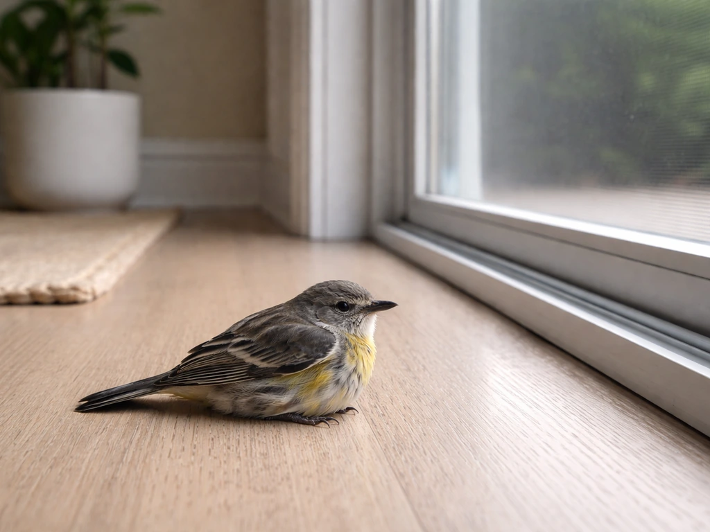 Small bird on the floor near a window, with household items nearby—suggest stepping back and not handling.