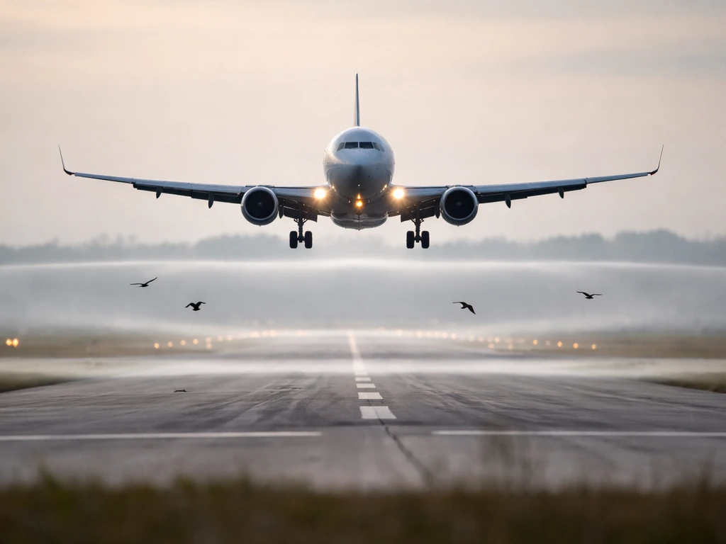 Low-altitude takeoff scene with a few birds near an aircraft path, highlighting strike risk area