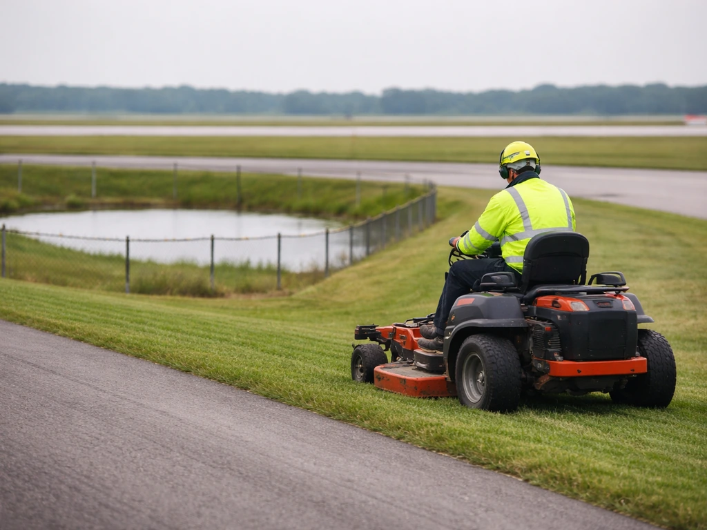 Airport maintenance crew mowing grass near runway, with fenced pond habitat control in background.