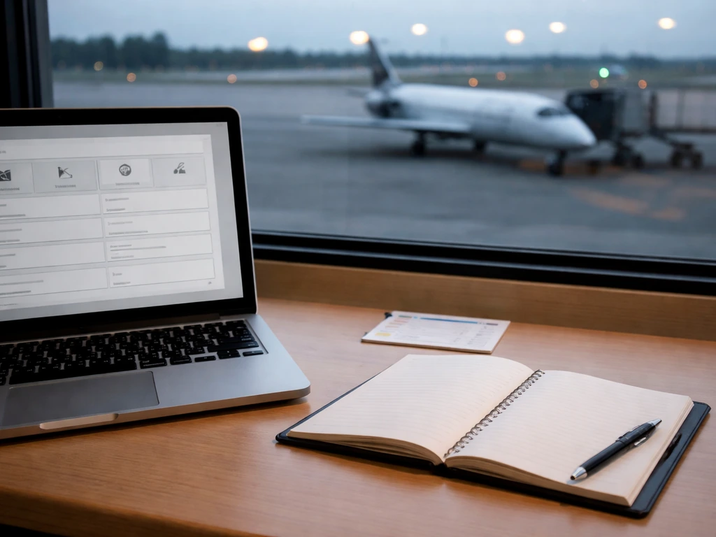 A minimal desk with clipboard, notebook, and an anonymous laptop form beside a parked aircraft.