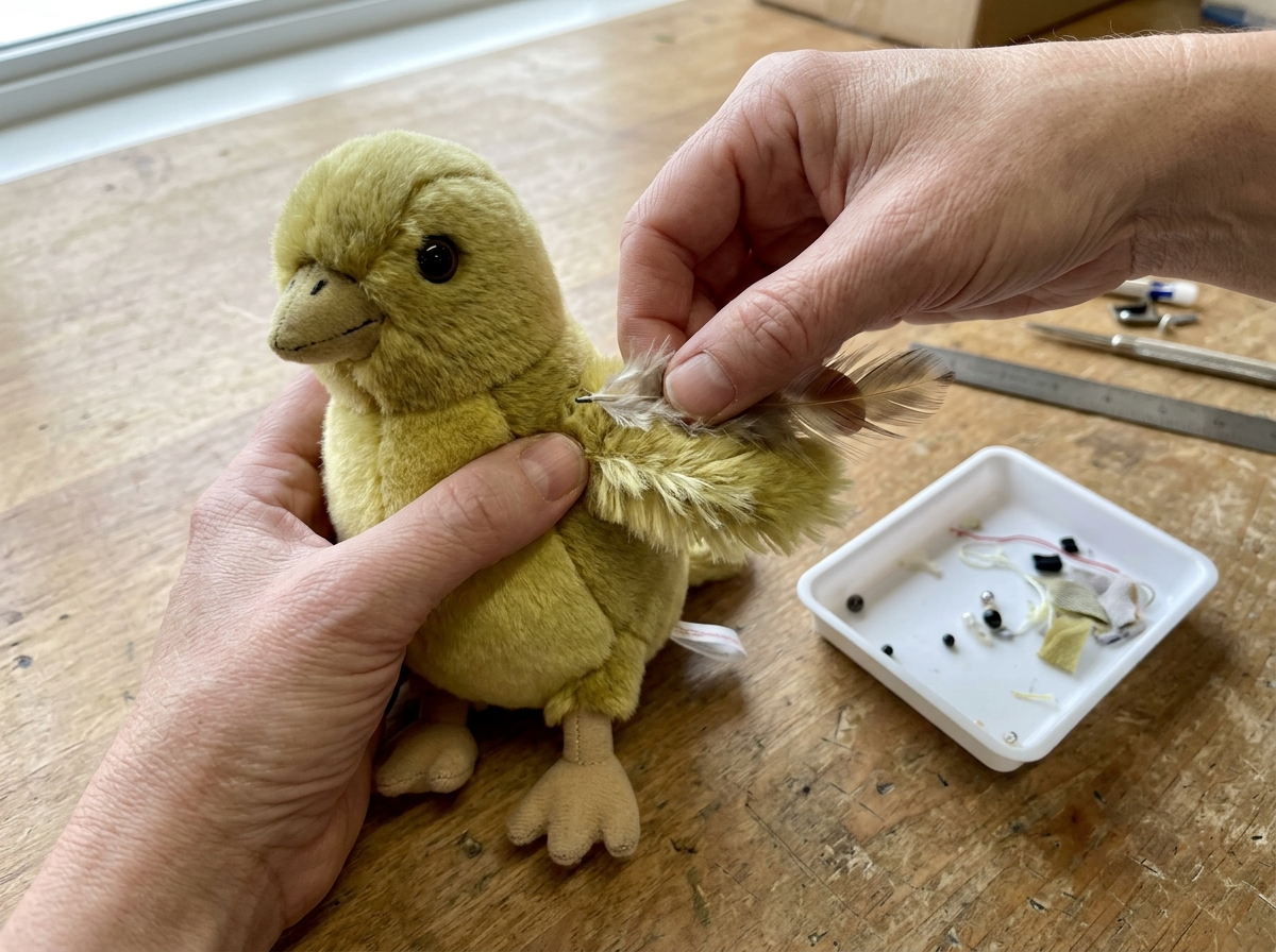 Hand tug test on plush attachments to check for loose parts on the toy.