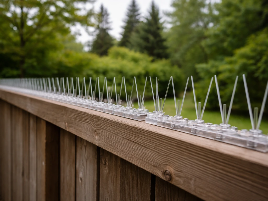 Exterior fence with neatly installed bird spikes along the top rail in daylight