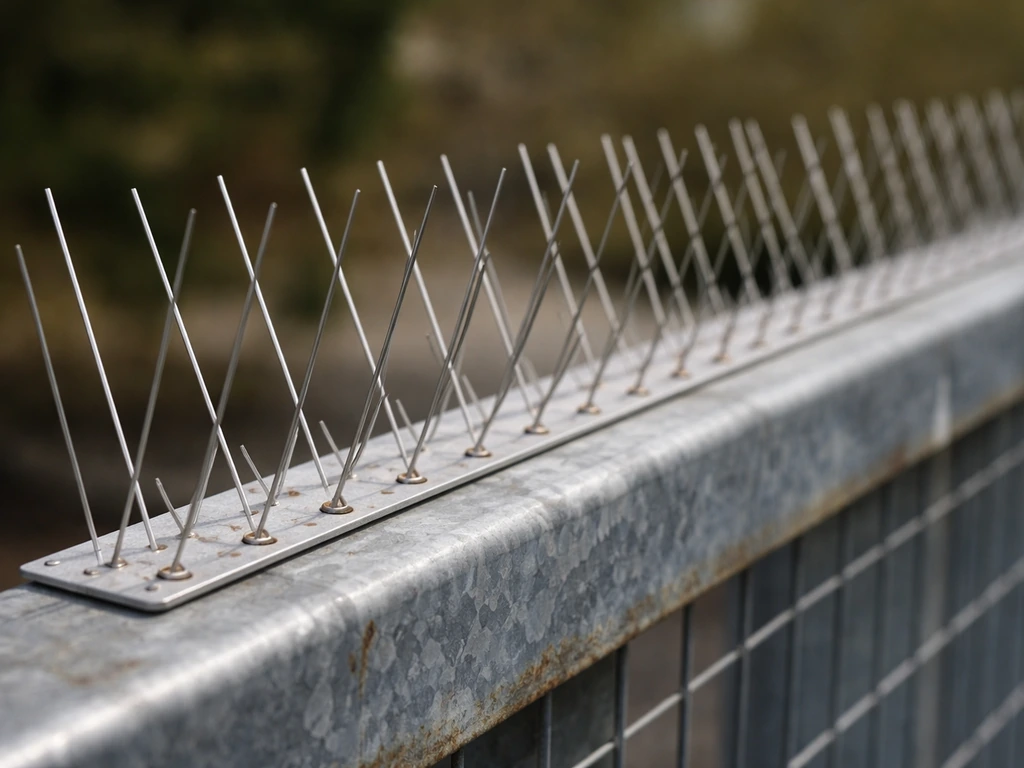 Close-up of stainless steel bird spikes mounted along the top of a fence, with thin rods in parallel.