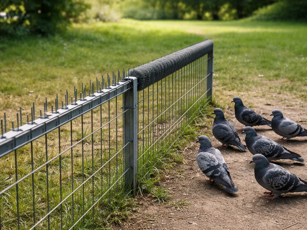 Outdoor wire fence with visible spike tips on one side and pigeons perched nearby.