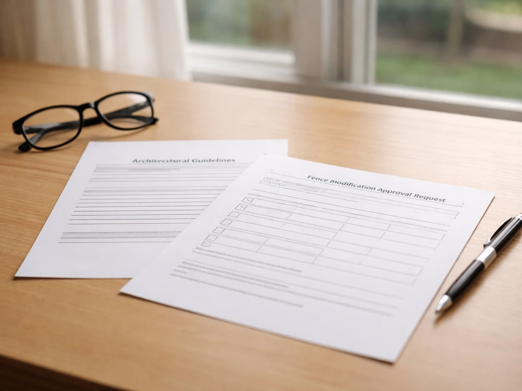 Papers on a desk showing generic HOA guidelines and a fence approval request form, with daylight.