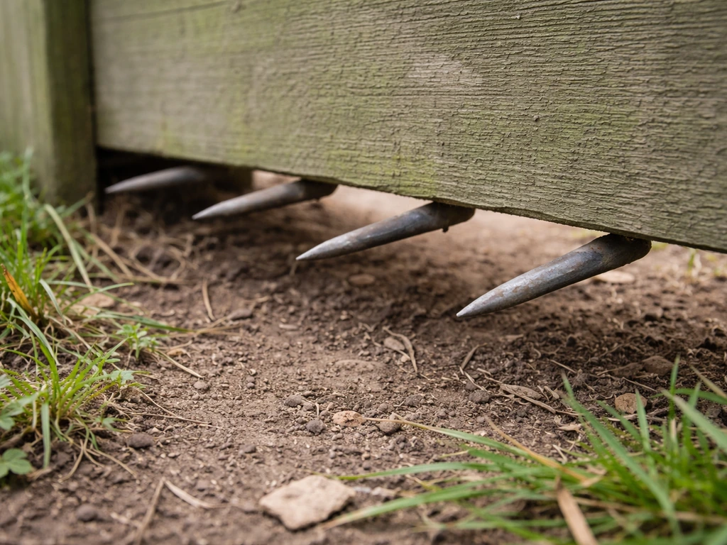 Child-height view of exposed metal spikes along a fence edge above grass, highlighting injury risk.