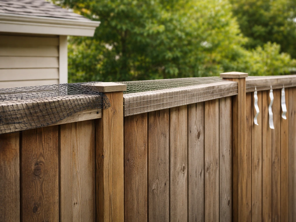 Residential fence with bird netting/mesh and wire covers installed to deter roosting, no spikes.