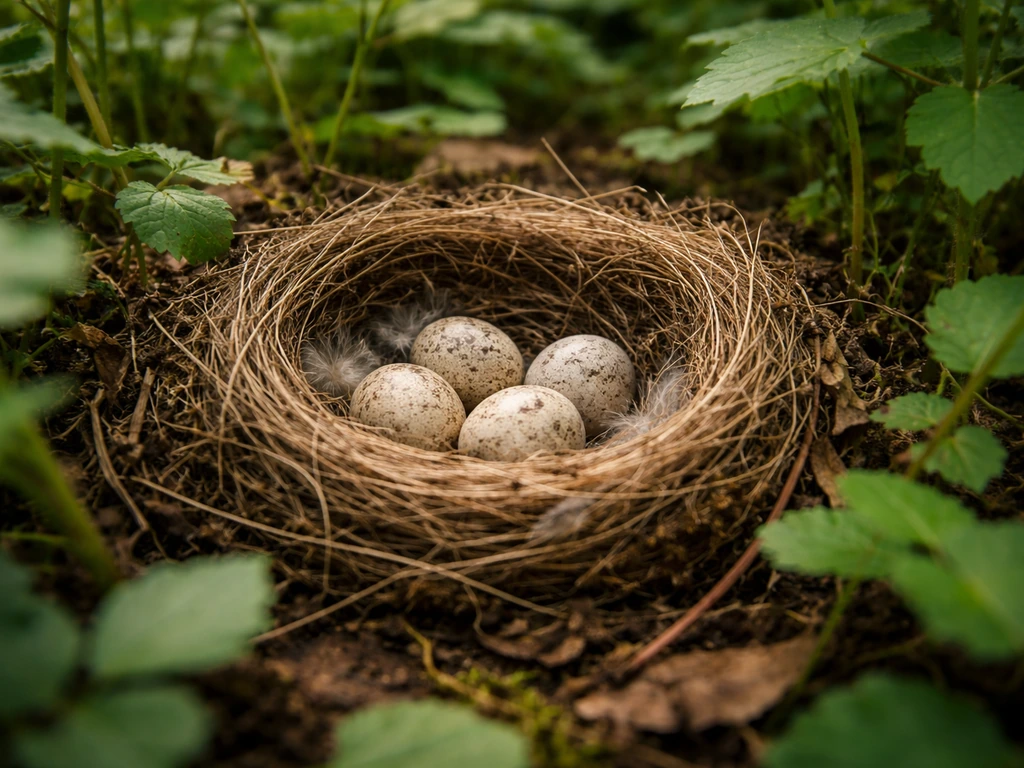 Close-up of a small bird nest in grass with eggs, softly lit outdoors, no humans visible.