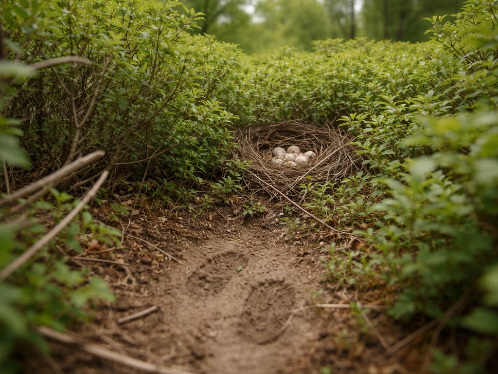 Bird nest in bushes with subtle tracks/footprints leading away, suggesting parents will return