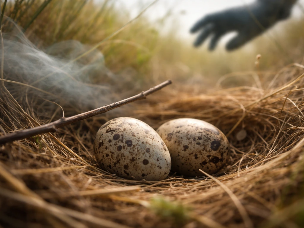 Speckled bird eggs in a grass nest with subtle mist and dust motes suggesting chilling and myths.