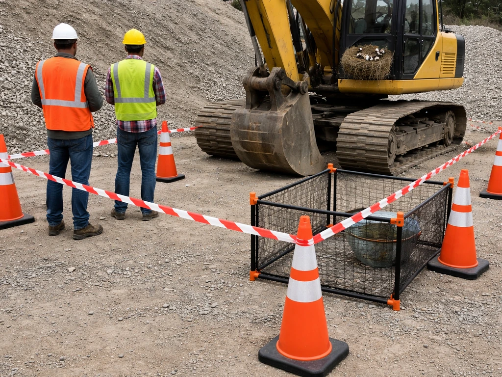 Outdoor equipment with a bird nest safely cordoned off by cones and barrier tape.
