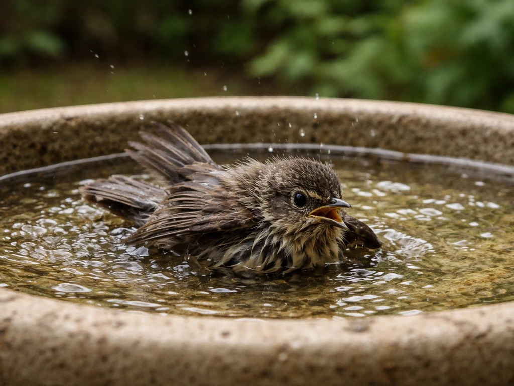 Distressed small bird struggling in a shallow bird bath with wings spread near the surface.