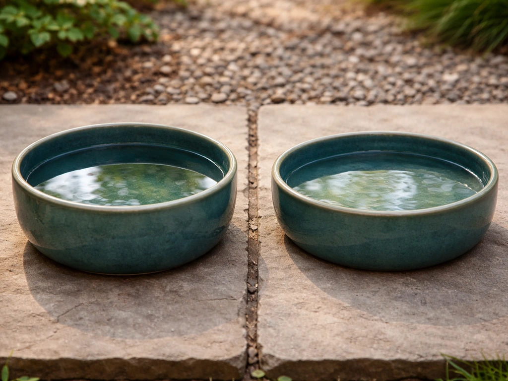Two glazed bird-bath basins side by side: deep water basin vs shallow water basin where wading is possible