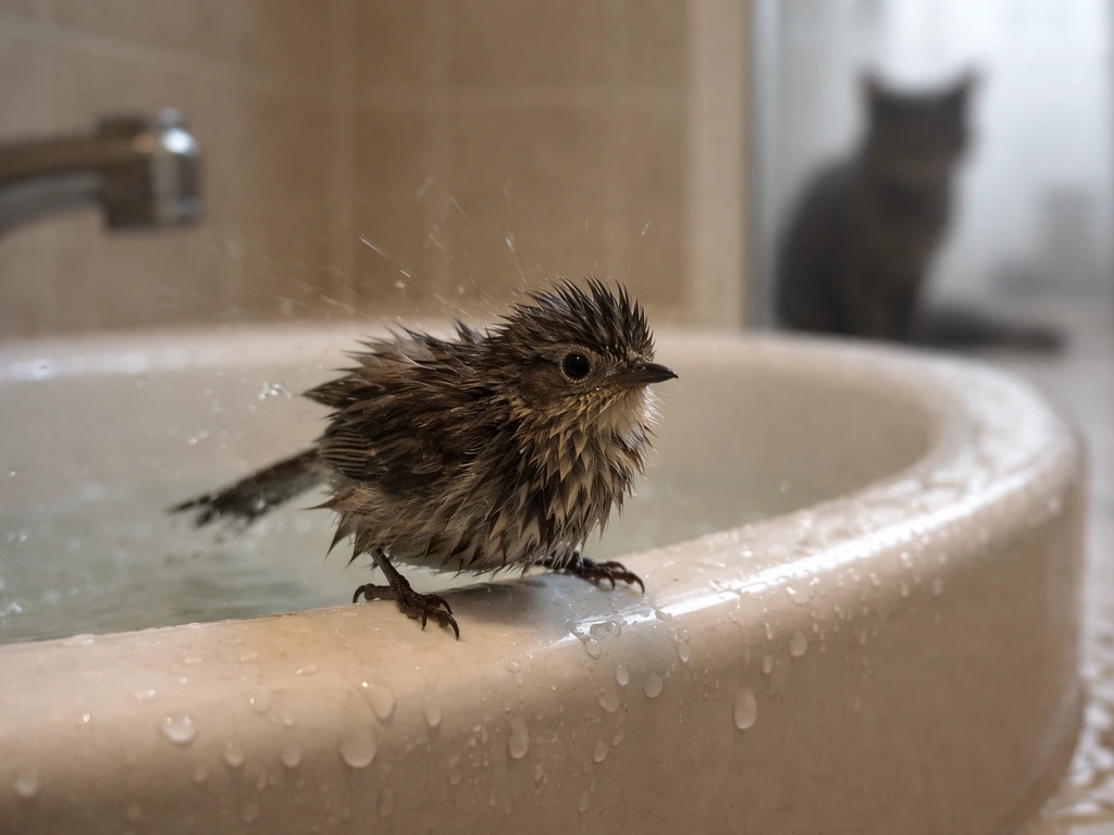 Small wet bird startled at the bath rim as a blurred cat/raptor silhouette looms nearby.