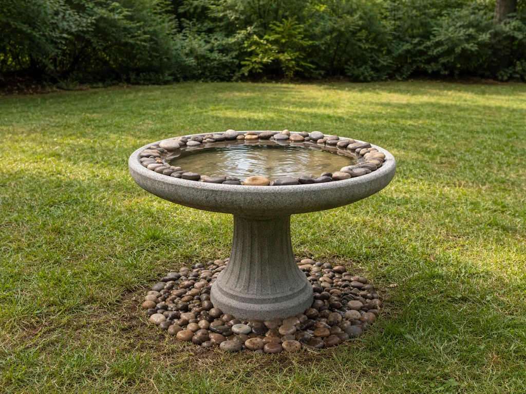 Bird bath on a clear, open yard with shrubs kept in the background for predator-safe visibility.