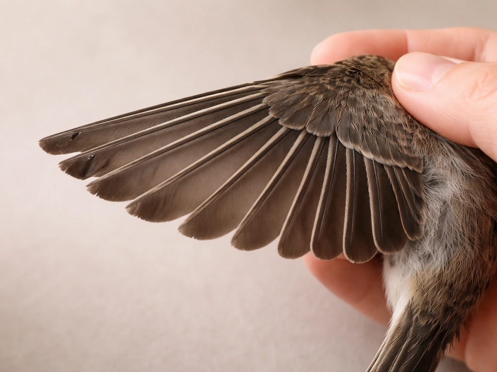 Close-up of a bird wing showing only primary flight feathers trimmed, with the wing structure intact