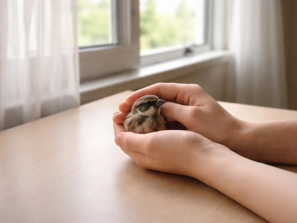 Anonymous hands gently holding a small bird near an open window, suggesting safety and escape prevention.