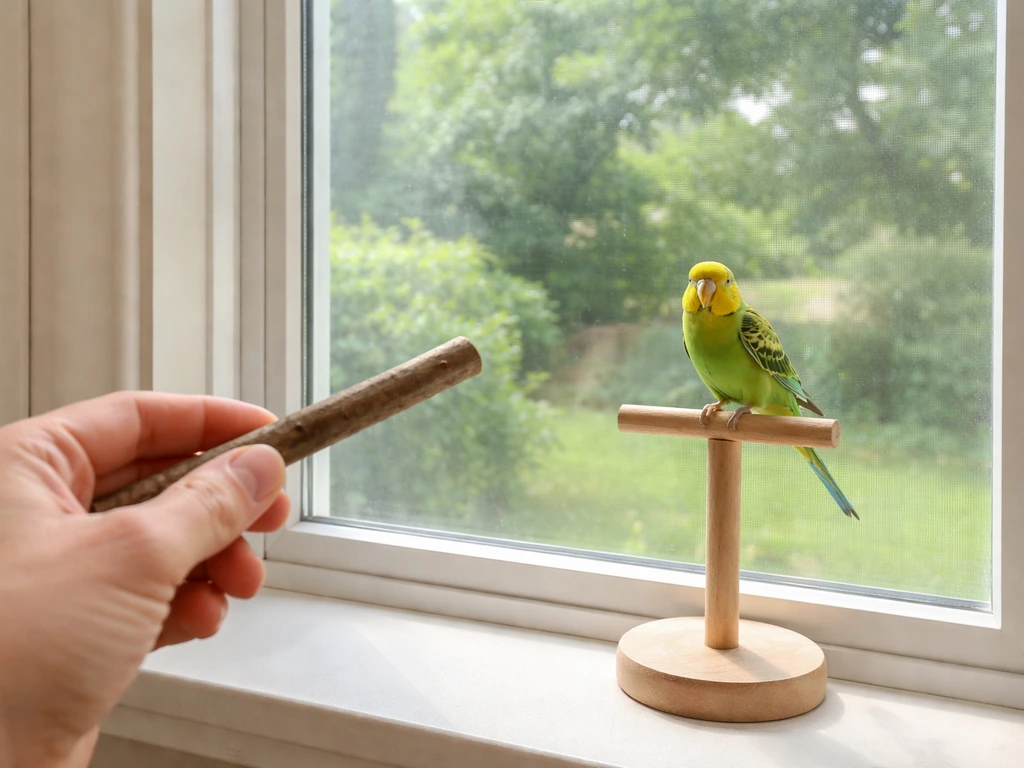 Small pet bird perched near a bird-safe window with window film, while its owner holds a perch target