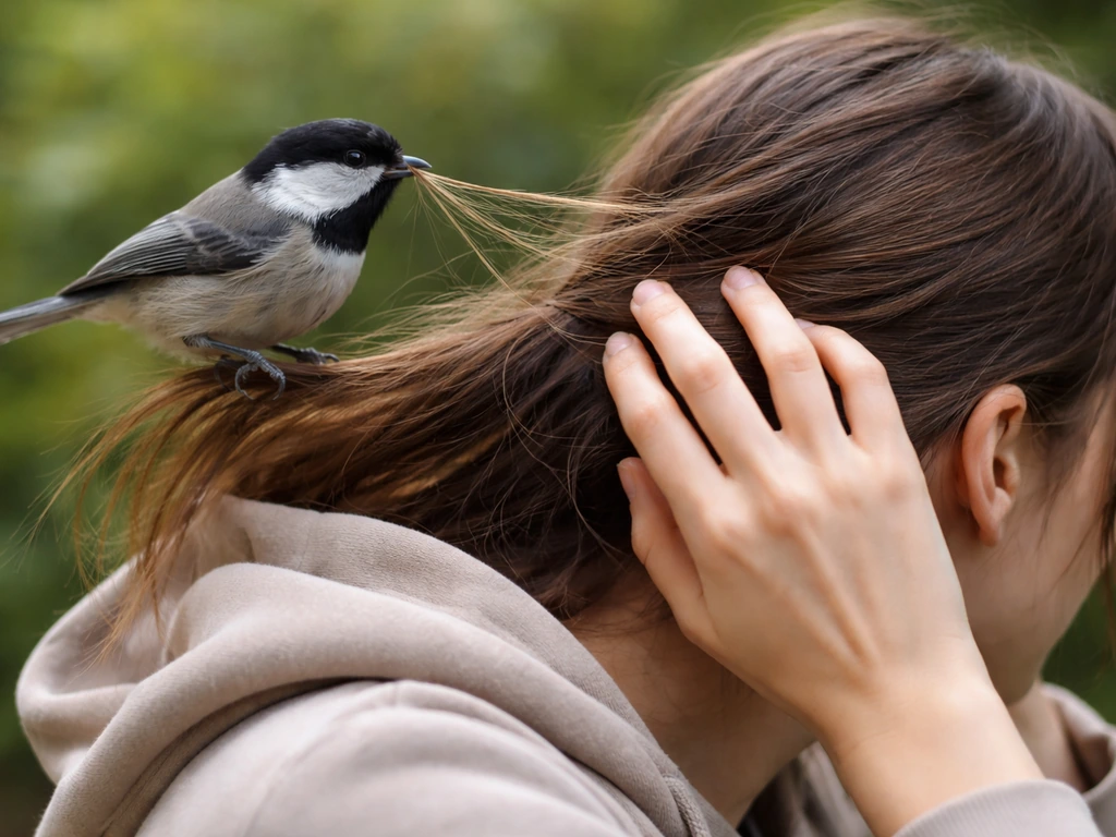 Small bird perched by a person’s head with a few loose hair strands caught near its beak.