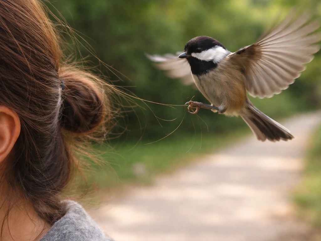 Close-up side view of a person’s loose hair briefly snagged by a bird’s talon mid-fly.