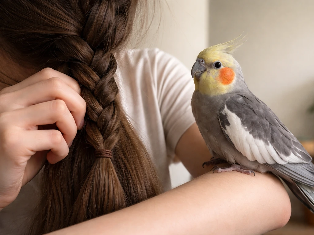 Hands braid long hair securely while a small pet parrot/cockatiel rests calmly nearby.