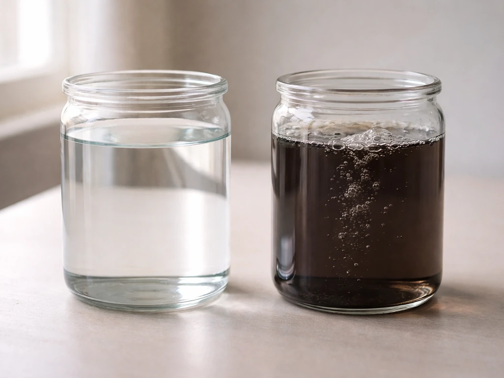 Two unlabeled glass containers on a table, clear water vs darker water to suggest humane standards.
