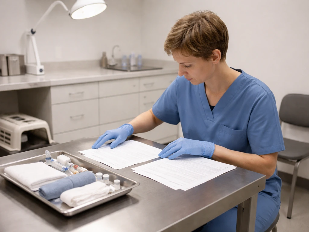 Clinician in a quiet vet exam room prepares a humane euthanasia consult setup for an injured animal case.