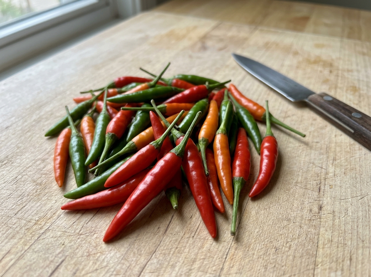 Fresh Thai bird’s eye chillies, stems and tapered shape visible on a cutting board