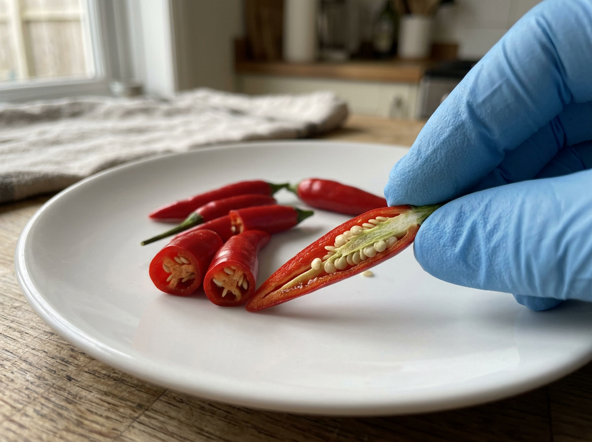 Bird’s eye chillies sliced to show seeds and white membrane inside