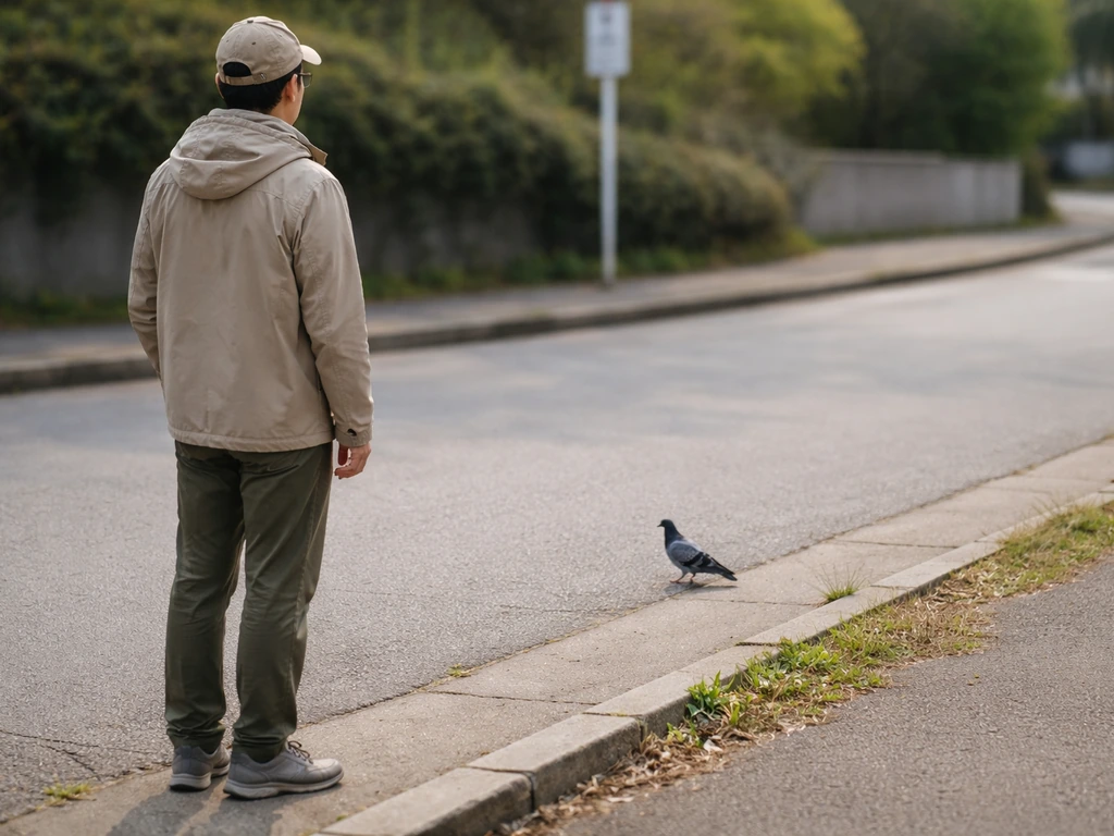 Person stands far from a wild bird on a quiet street corner with a blurred street sign behind.
