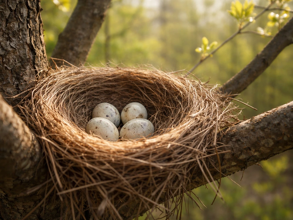 Close-up of a bird nest with eggs in a tree branch, lit by morning sunlight.