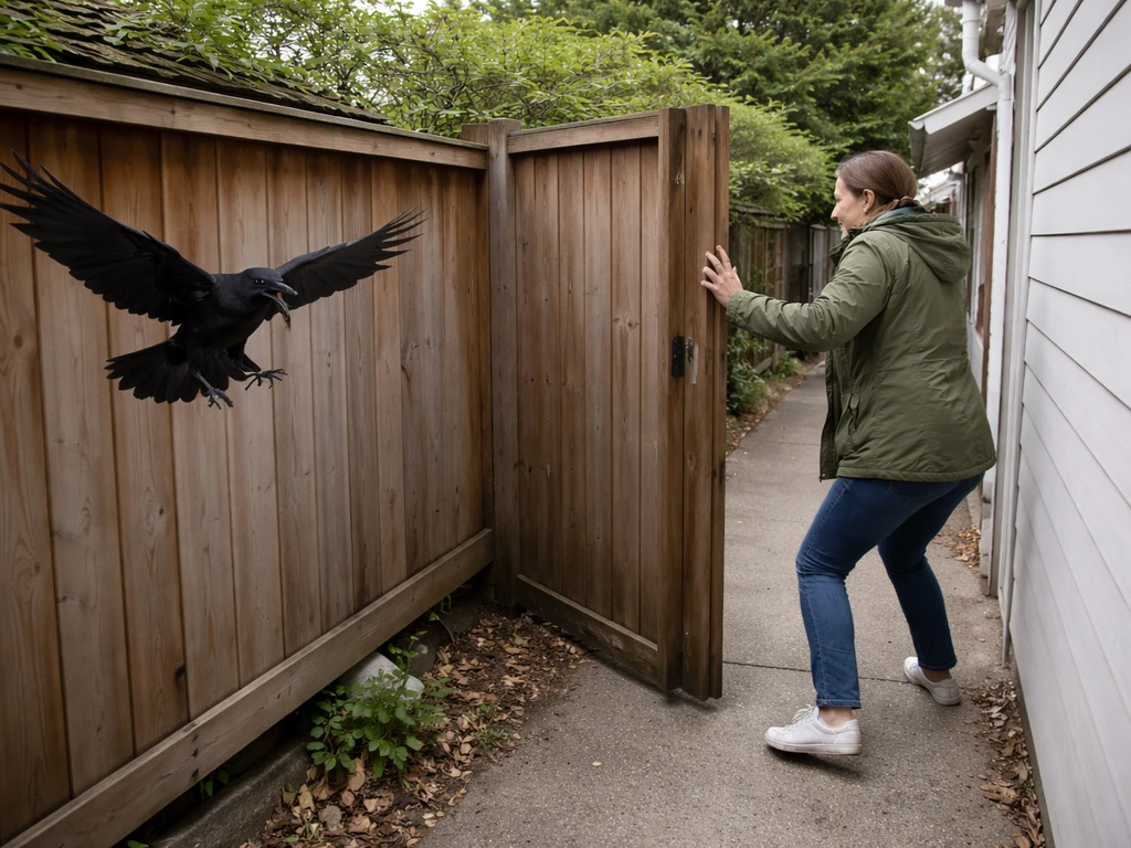 Adult retreats behind a gate while a bird lunges mid-attack in a quiet yard.