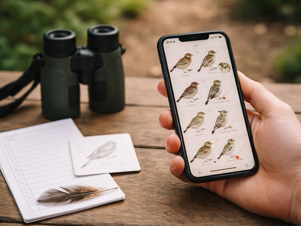 Hand holds a phone using a bird field guide, with checklist paper and binoculars on a wooden table.