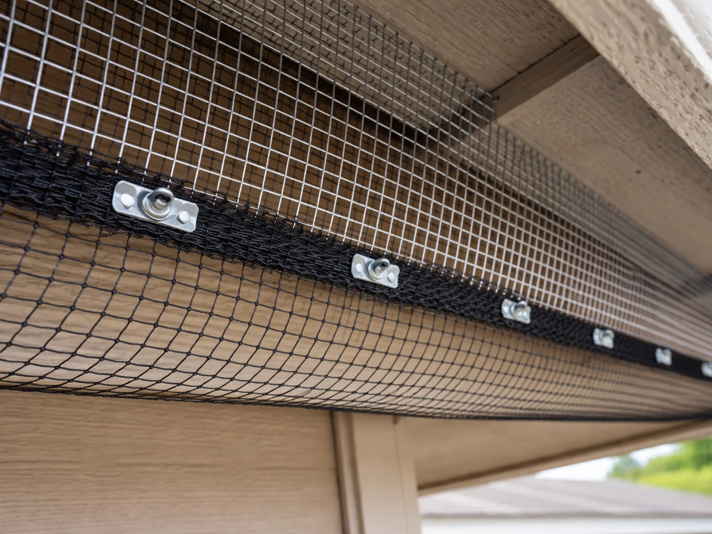 Hardware cloth and bird netting installed under roof eaves to prevent birds from roosting