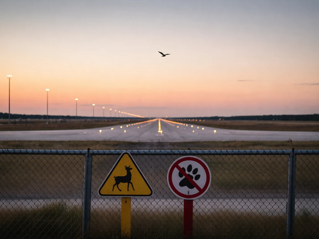 Airport runway with a distant bird and wildlife hazard safety signage in view