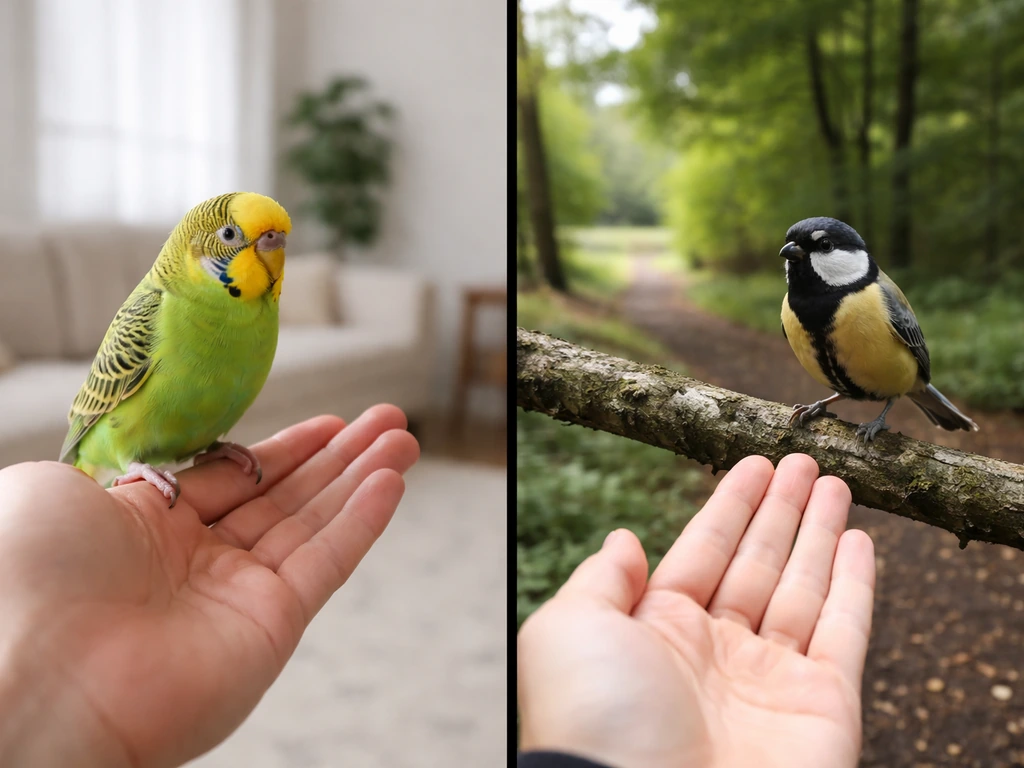 Split image: pet parrot on an open palm beside a wild bird in a park, non-contact handling contrast.