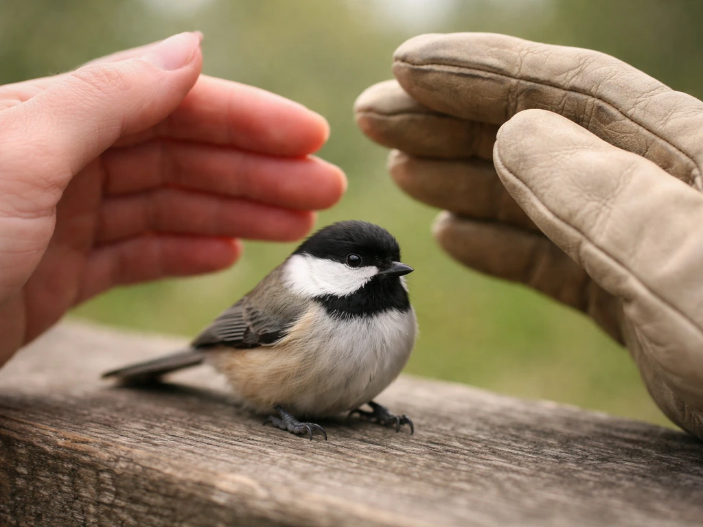 Gloved hand protecting a small bird near a bare hand, highlighting bite and scratch risk.
