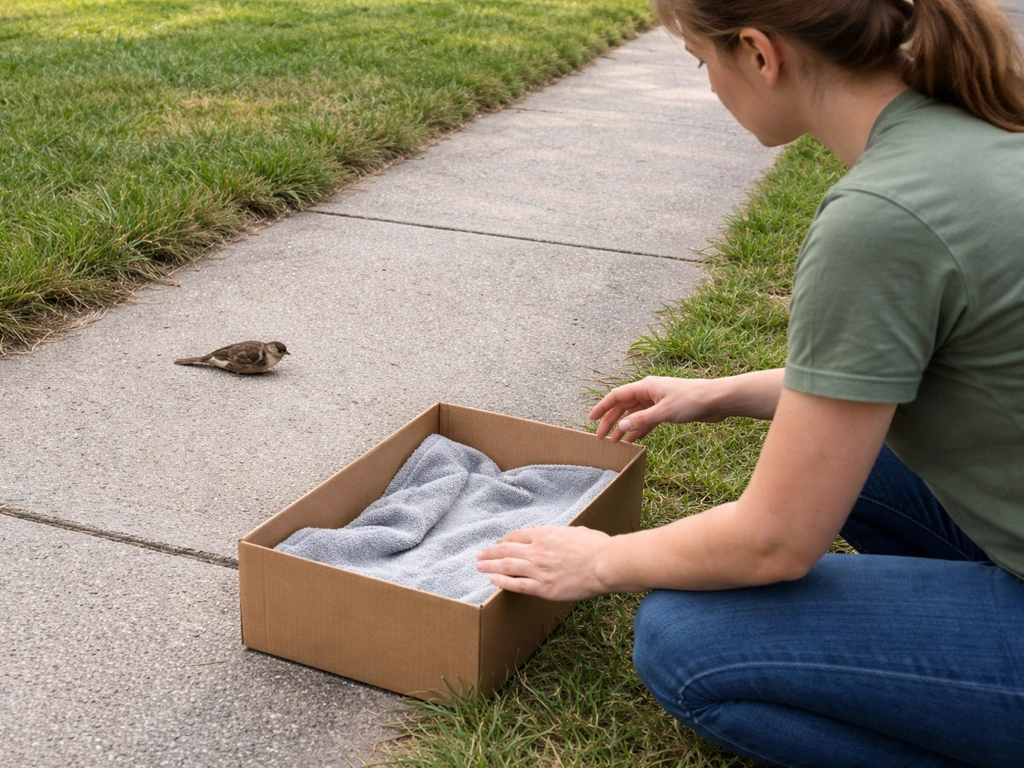 Person using a box and towel barrier while keeping distance from an injured bird