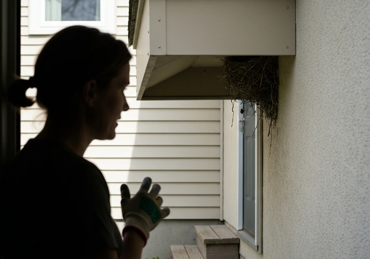 Bird nest under a roof eave with an anonymous homeowner nearby, suggesting safe conflict prevention