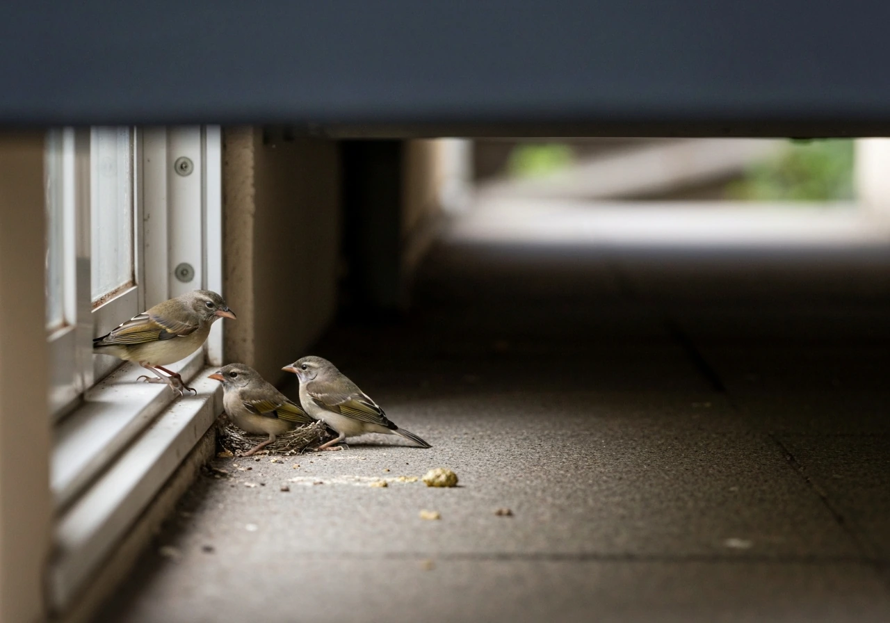Two small nesting birds near an eave, with an open window light and droppings on the walkway below.
