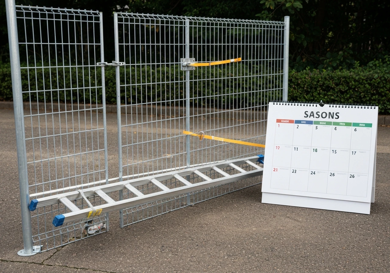 Secured outdoor staging area beside a seasonal calendar showing timing for exclusion.