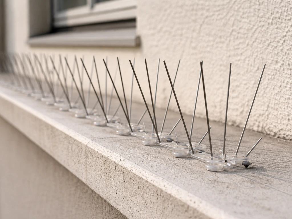 Close-up of bird-deterrent spike rods mounted on a building ledge, showing texture and exclusion design.