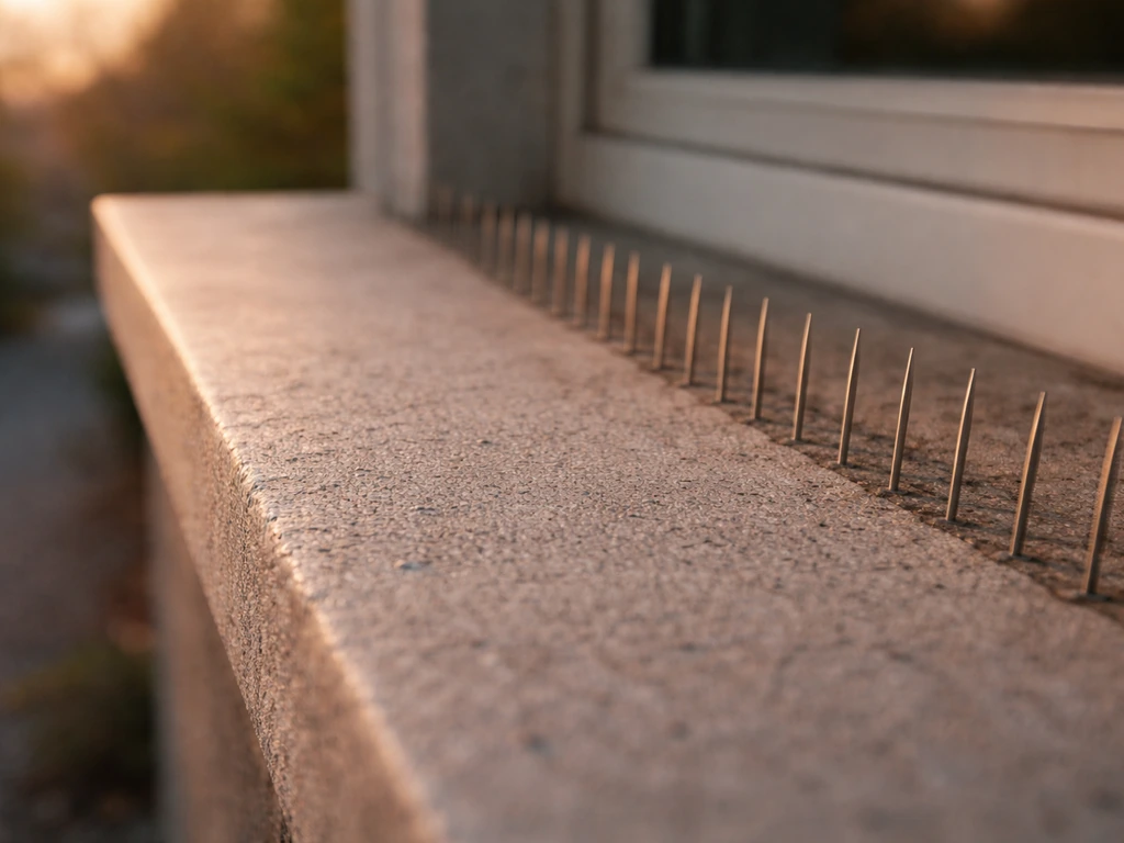 Close-up of a ledge where bird spikes break up the flat landing surface for perching.