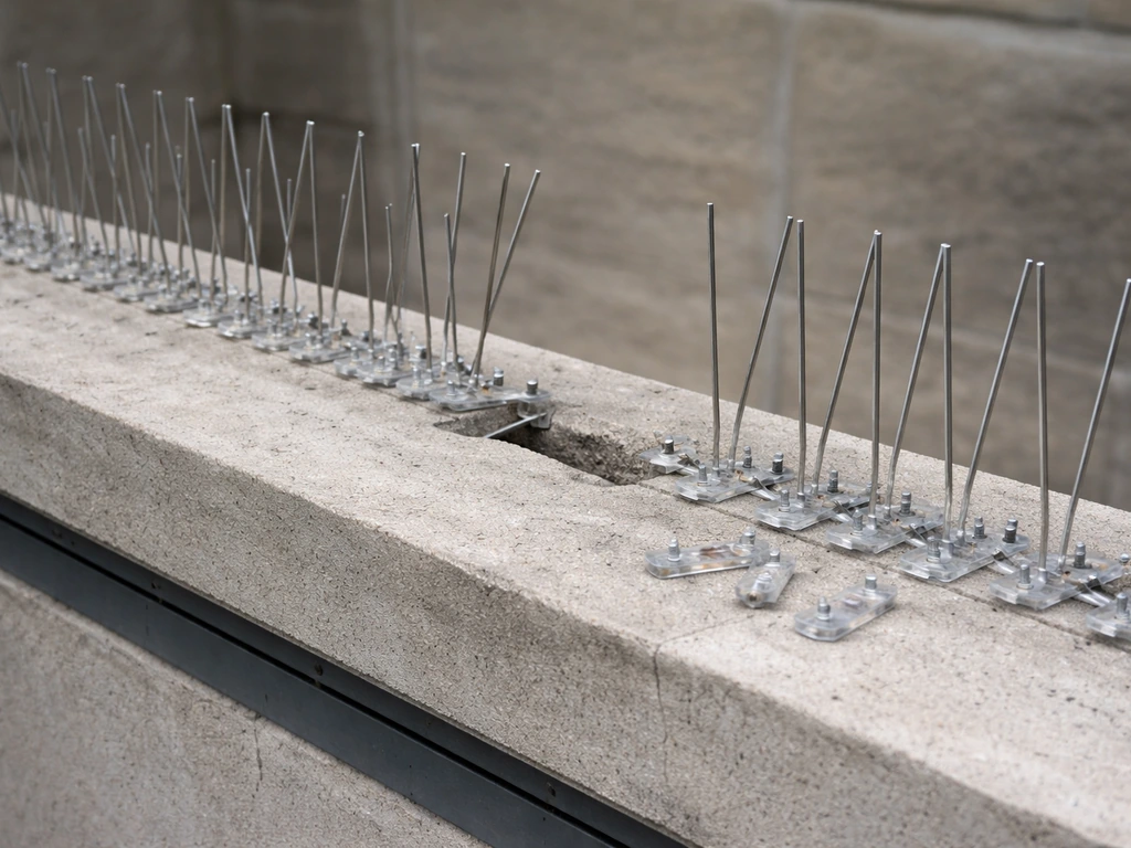 Unfinished metal bird spikes on a ledge with a visible gap and uneven coverage that could enable landing.