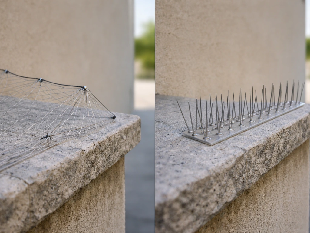 Side-by-side view of bird netting and ledge spike strips on a simple exterior ledge.