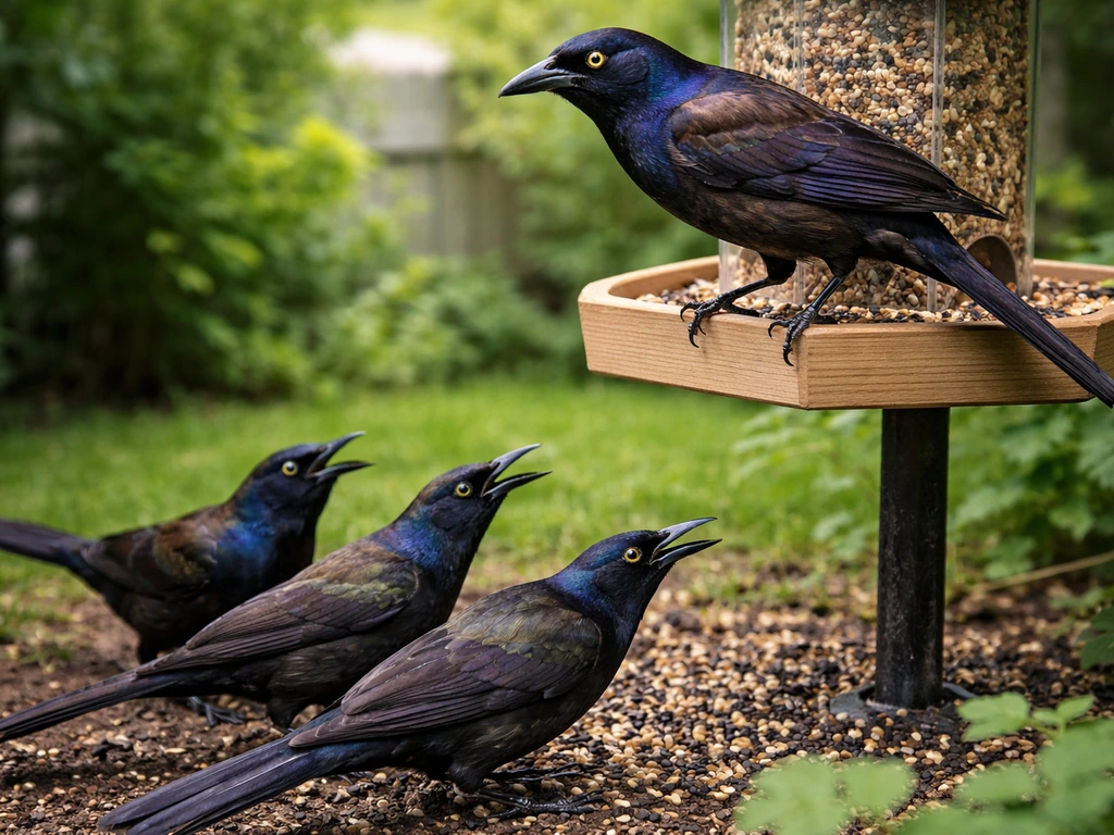 Common grackles crowd a backyard bird feeder, with one perched and others foraging on the ground.