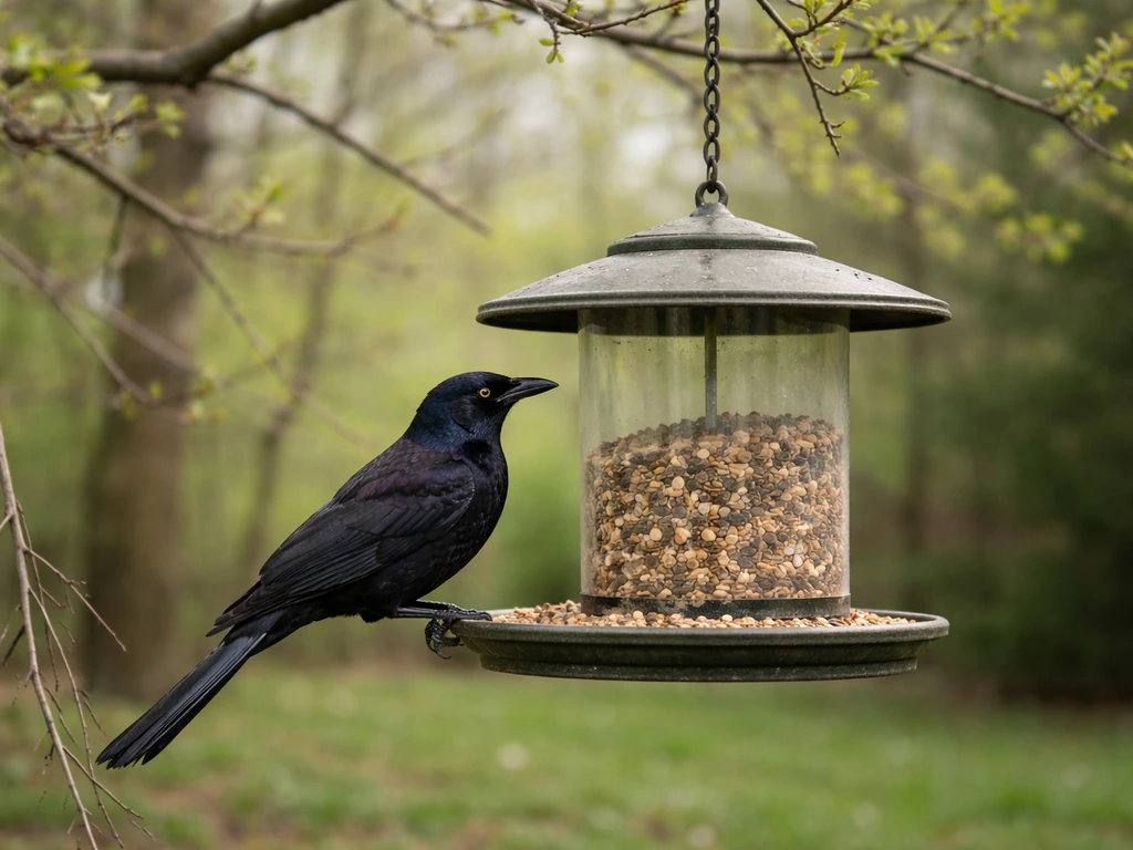 A springtime grackle perched near a backyard feeder, suggesting nesting-season nuisance timing.