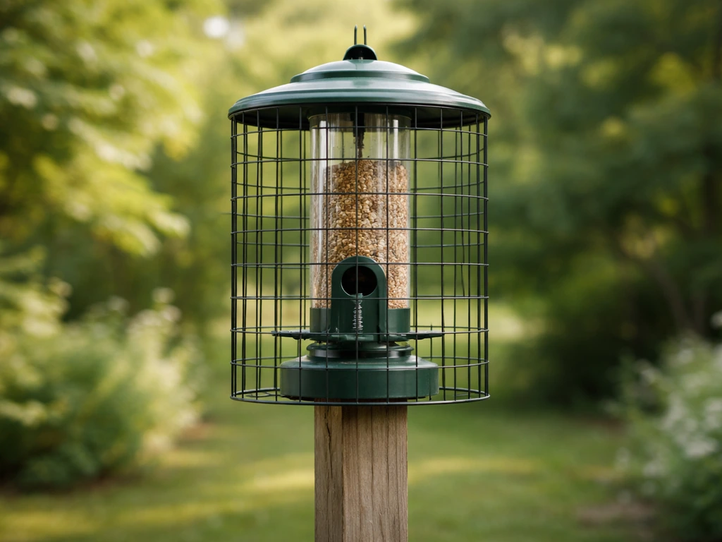 Close-up of a weight-sensitive bird feeder and nearby wire exclusion cage in a quiet backyard setting