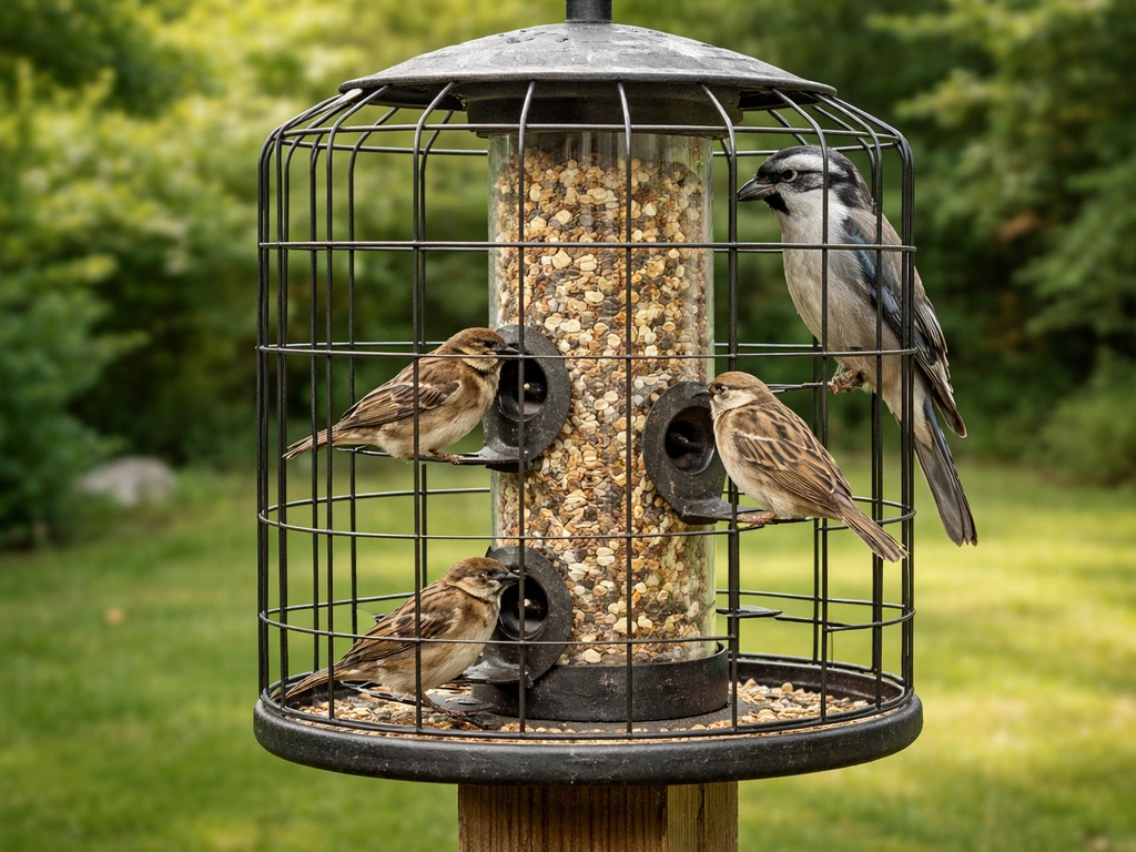 Close-up of a backyard weight-sensitive caged bird feeder with small birds feeding.