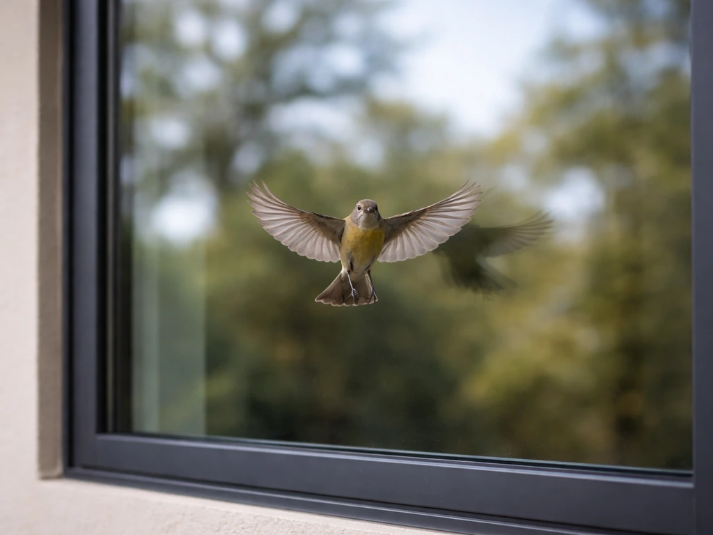 A bird flying toward a modern reflective window, showing reflections that can cause window collisions.